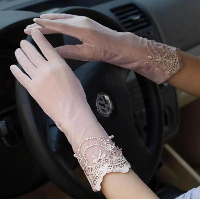 Women Sunscreen Gloves Non-slip Lace Ice Silk Gloves Vintage Female Thin Section Summer UV Touch Screen Driving Long